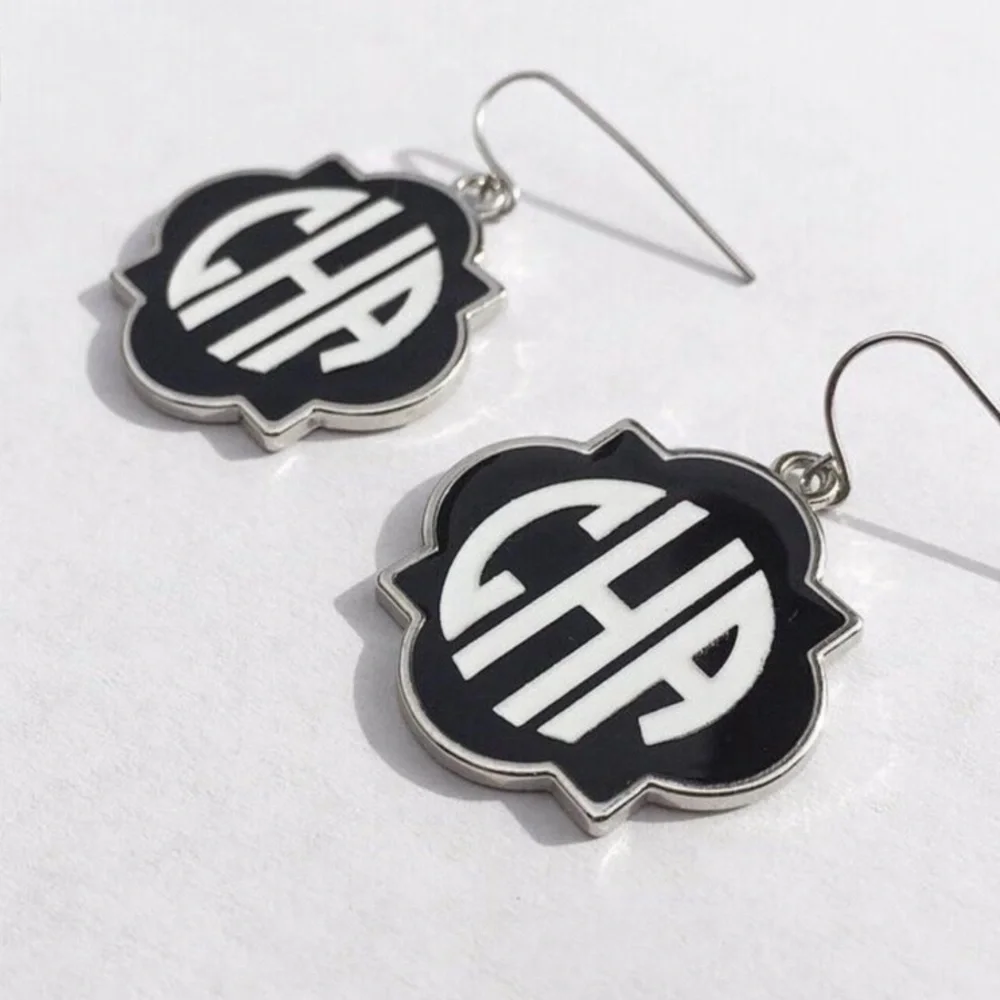 Custom Monogram Earrings Dangly Quatrefoil Cream Gold Pink Black Silver White